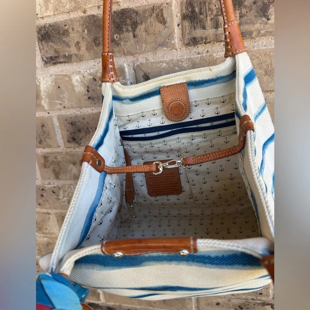 Brighton Espadrille Blue and White Striped Nautical Tote with Tan Handles - Picture 15 of 16